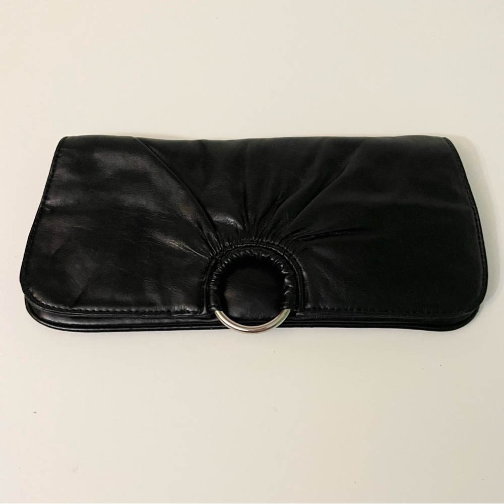 Vintage Spring Black Faux Leather Envelope Clutch Y2K Silver Ring Handbag